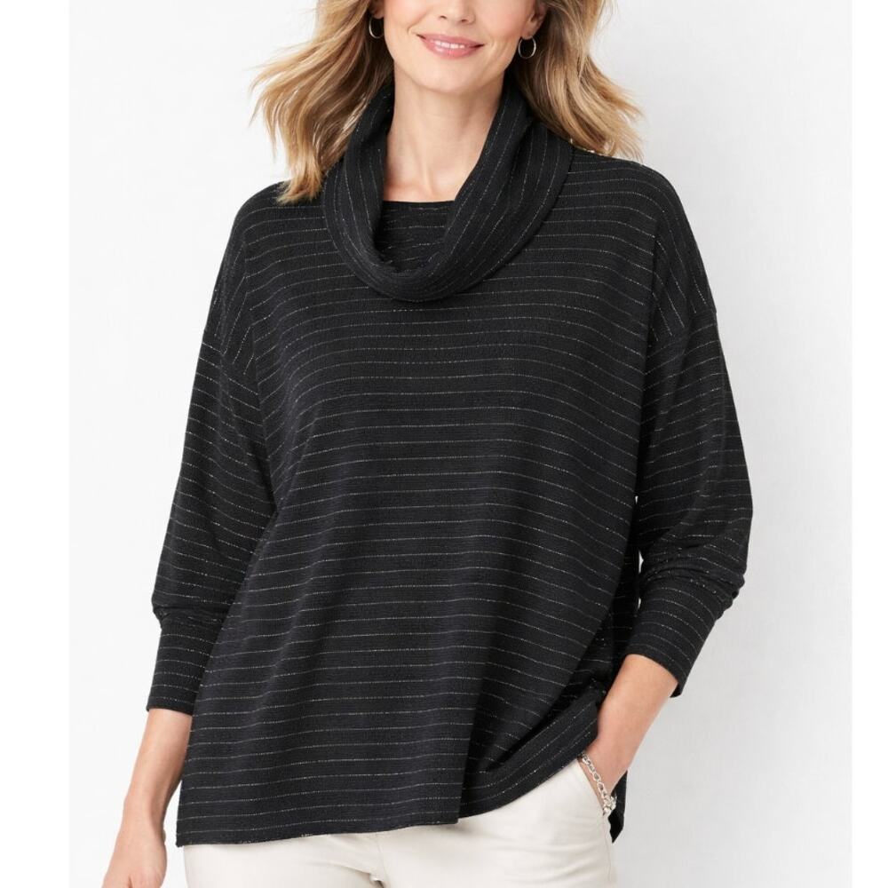 J. Jill Women’s Cowl Neck Top Black Metallic Silver Stripes  XL Rayon Spandex
